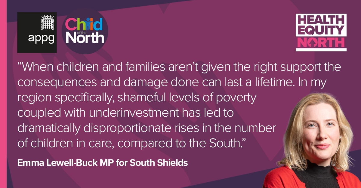Co-chair of our APPG @EmmaLewellBuck is calling on leaders & policymakers to examine the inequalities uncovered in our latest report - which highlights the impact of child poverty on care rates & the financial pressures placed on services across the North healthequitynorth.co.uk/children-in-th…