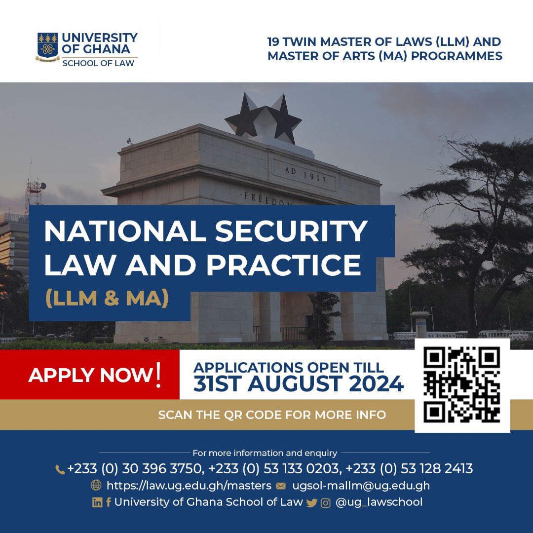 Enroll for our Master's in National Security Law and Practice and unpack the dynamics of national security-related development strategies. Apply now!⚖📚 For more enquiries, contact: +233 (0) 30 396 3750 | +233 (0) 53 133 0203 or visit law.ug.edu.gh/masters #UGSoL #security