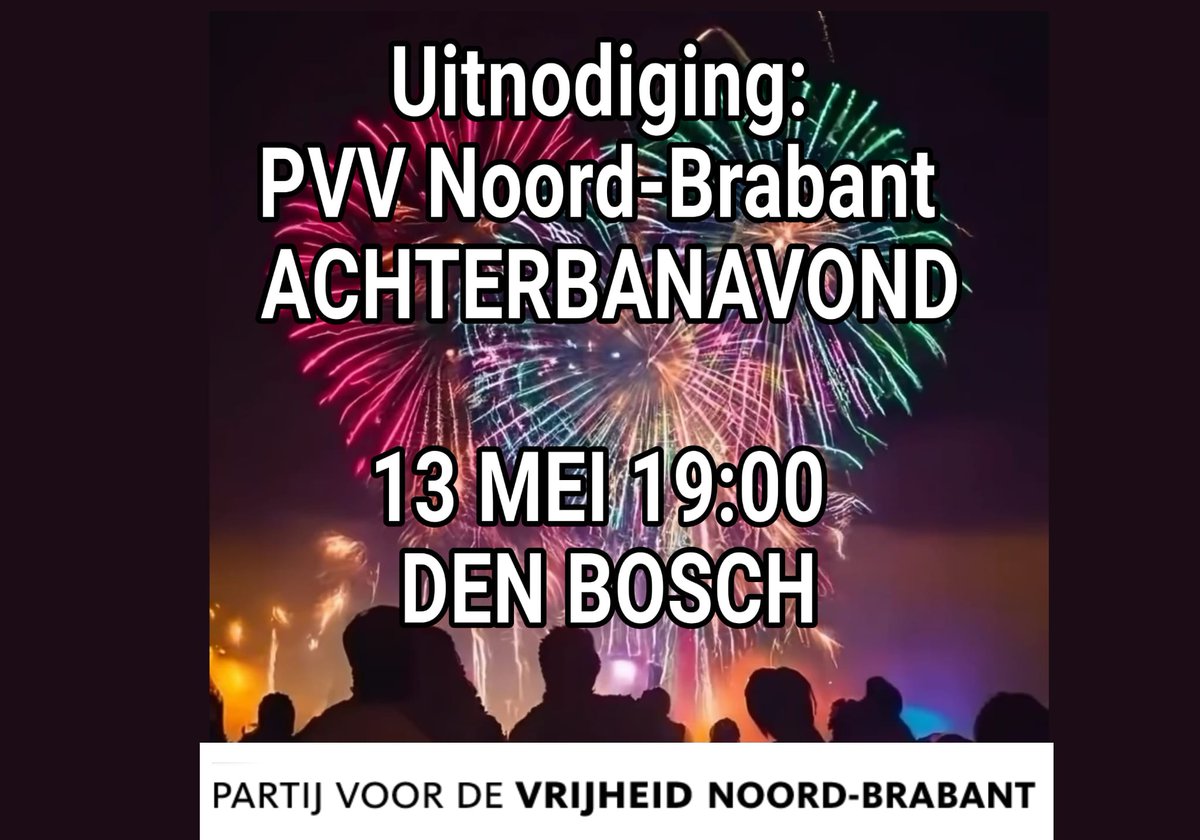 Kom ook 13 mei: PVV Noord-Brabant achterbanavond in Den Bosch. Ontmoet onze Statenleden. Meld je aan vóór 8 mei via vrijwilligernoordbrabant@gmail.com Lees meer: pvvnoordbrabant.nl/nieuws-verkiez… #PVV #Brabant