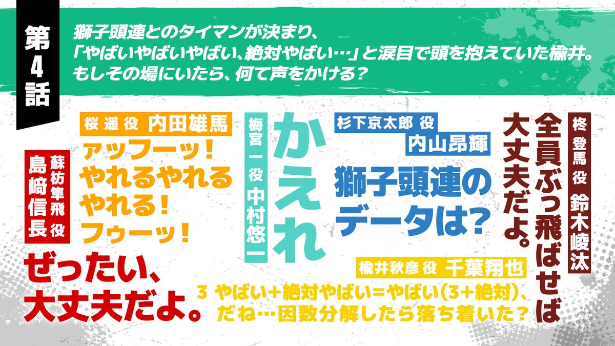 ||◤ CAST QUESTION ◢||

メインキャスト6名に
#ウィンブレ に因んだ質問を聞いてみた💡

🎐第4問目🎐
獅子頭連とのタイマンが決まり、
「やばいやばいやばい、絶対やばい…」と涙目で頭を抱えていた楡井。もしその場にいたら、何て声をかける？

#内田雄馬 #千葉翔也 #内山昂輝
#島﨑信長 #中村悠一…