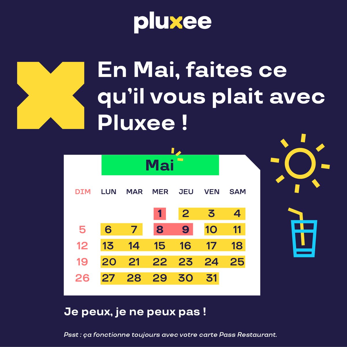 En Mai, faites ce qu'ils vous plait avec Pluxee !

Le mois de mai arrive avec son lot de jours fériés et de ponts, et chez Pluxee, nous voulons nous assurer que vous profitez au mieux de votre carte.