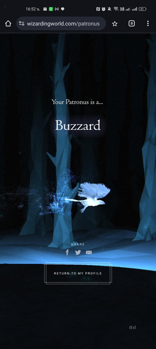 ได้เหยี่ยวว
I discovered my Patronus is a Buzzard. Find yours with @wizardingworld wizardingworld.com/patronus #ExpectoPatronum