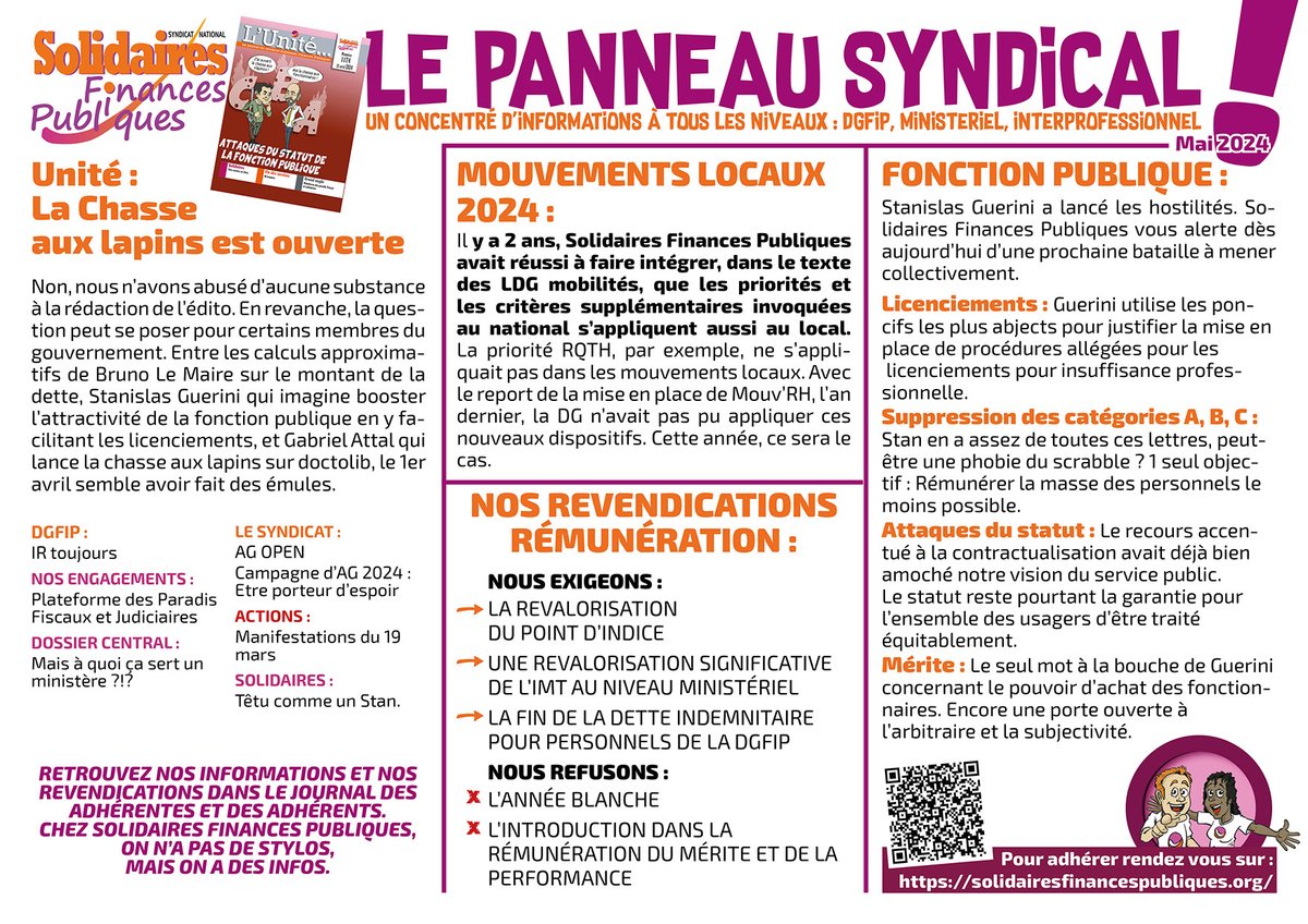 Le Panneau syndical de mai 2024 est disponible ! À afficher dans tous les services ! Un condensé d'informations utiles pour les agentes et agents de la @dgfip_officiel @SolidairesFiP @SolidairesFP @UnionSolidaires