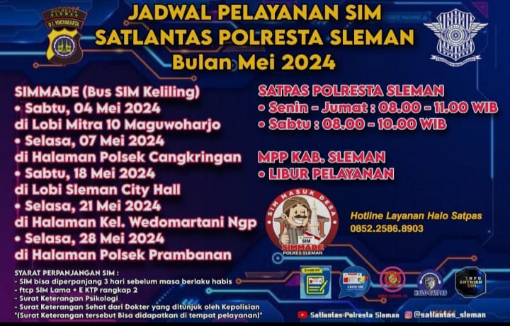 Jadwal pelayanan SIM satlantas Polresta Sleman bulan Mei 2024