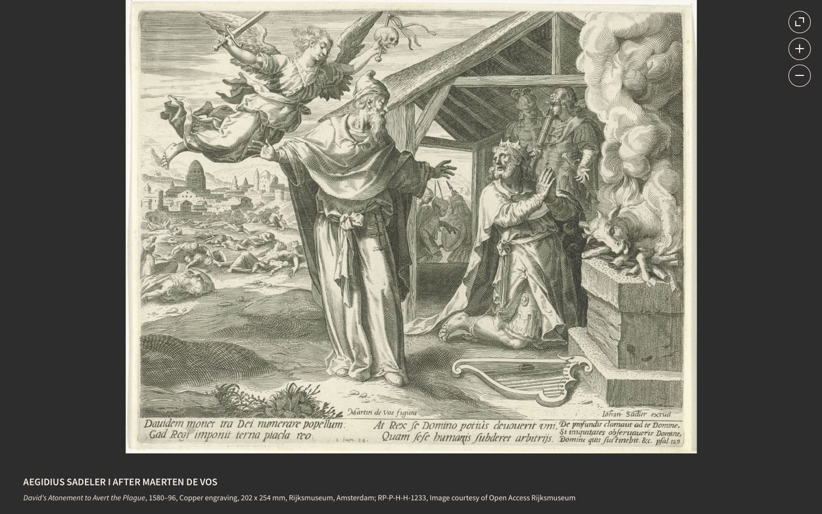 This 16th-century engraving depicts David's atonement to avert the plague. The prophet Gad stands in the foreground and mediates between an angel with drawn sword and David before the altar. The theme of God’s wrath pervades many passages in 2 Samuel: thevcs.org/david-and-gad#…