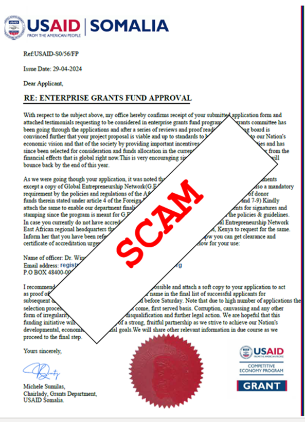 🚨Scam Alert: USAID is aware of this fraudulent advert associated with the Enterprise Grant Program. Note that USAID Somalia is not associated with this advert. USAID & its partners DO NOT charge fees as part of the application process.
