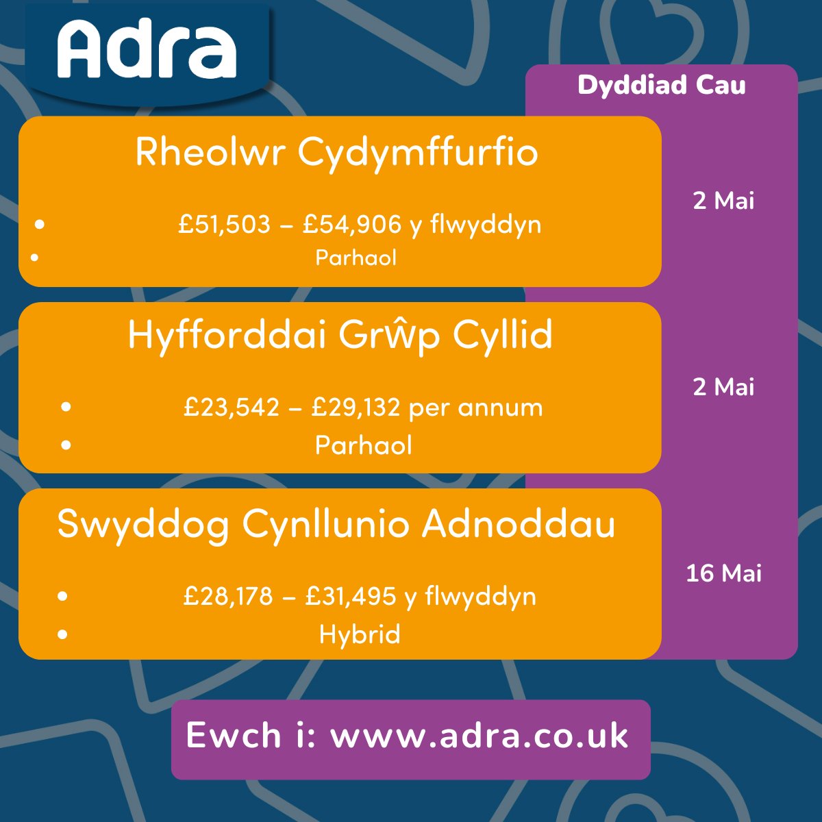 Ydych chi wedi gweld ein swyddi diweddaraf? Mae 3️⃣ swydd newydd yn fyw ar ein gwefan ar hyn o bryd Rydym yn annog ceisiadau gan ferched, tenantiaid a grwpiau lleiafrifol sydd at hyn o bryd yn cael eu tan-gynrychioli yn ein gweithlu. Cymerwch olwg⤵️ adra.co.uk/swyddi/swyddi-…