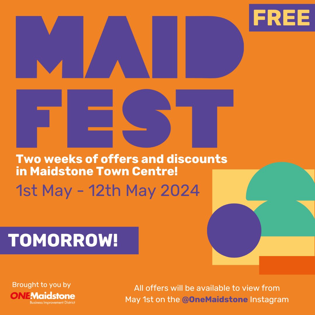 After the success of previous years, we're once again bringing MAIDFEST back to Maidstone! Two weeks of offers, discounts and goodies in Maidstone! ⭐️ Don't miss out on the offers available - set a reminder in your calendar to visit @onemaidstone on Instagram on May 1st ⭐️