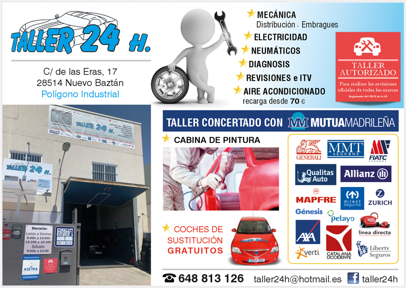 TALLER 24H Nuevo Baztán
Mecánica, electricidad, neumáticos, diagnosis, revisiones e ITV, aire acondicionado, cabina de pintura

Coches de sustitución gratuitos
Tel. 648 813 126

👉publiz.es/home/169-publi…

#Taller #NuevoBaztán #neumáticos #ITV #AireAcondicionado #coches #mecánica