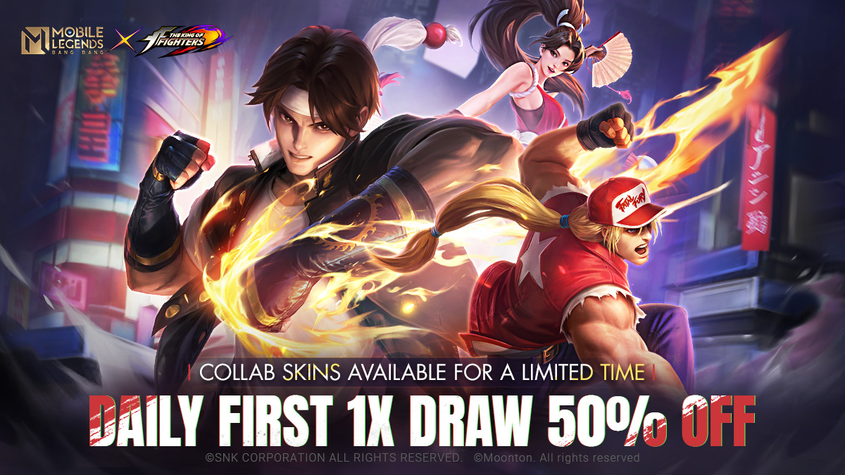 MLBB x KOF '97 event is in full swing! Make sure to draw for the 3 Collab Skins in MLBB! You can enjoy a 50% discount on the daily first Draw 1X! Don't miss out! #MobileLegendsBangBang #MLBBNewskin #MLBB×KOF97