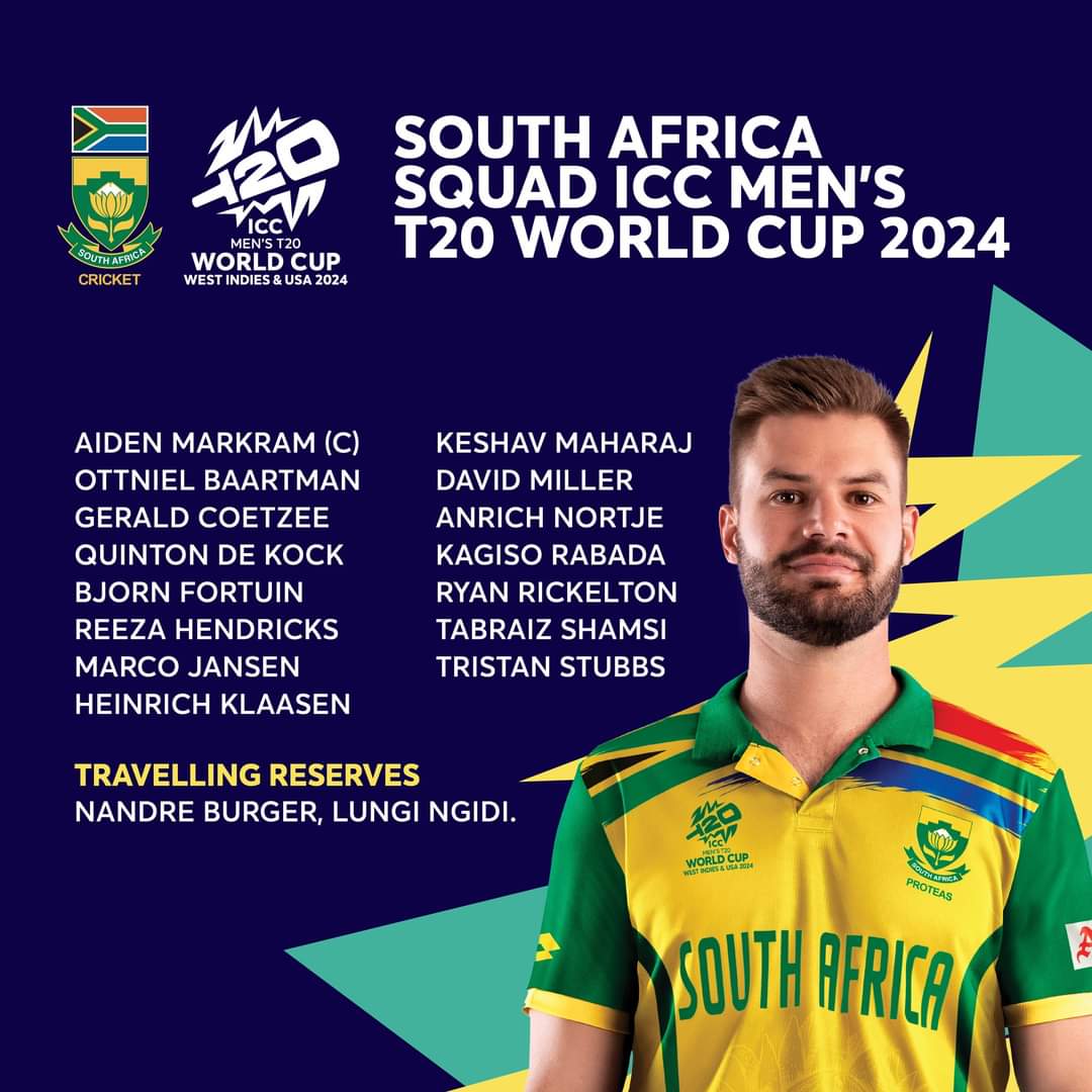 South Africa Squad For ICC Men's T20 World Cup 2024.🇿🇦🏏🏆 Aiden Markram lead the 15 members Squad.❤🇿🇦 Nandre Burger,Lungi Ngidi into traveling Reserves.✈️🇿🇦 #T20WorldCup24
