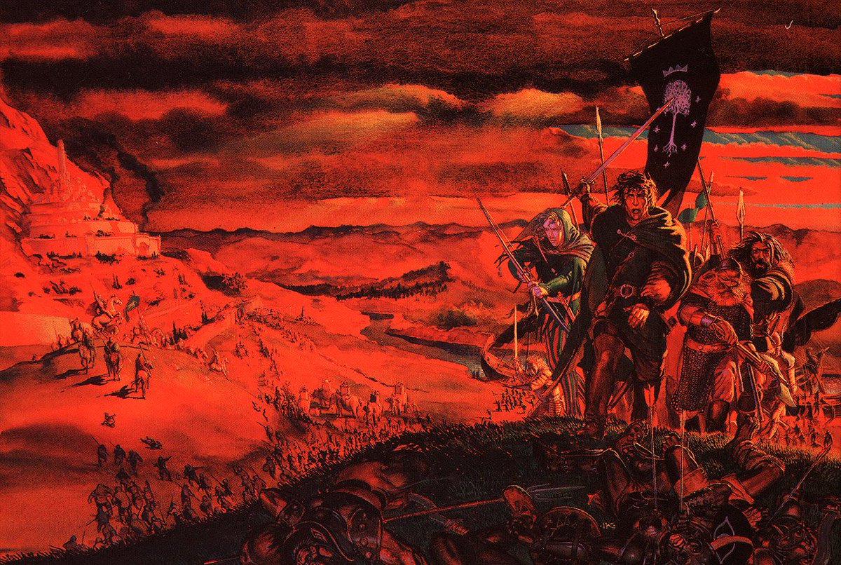Behold the power of 'Colours' folks! A blood-red Storm of Mordor may be covering the Pelennor Fields in Igor Kordej's 1995 image, but see how the pink glow of the White Tree banner flows into Andúril then supercharges Aragorn, Legolas, Gimli and Halbarad #TolkienTrewsday #Tolkien