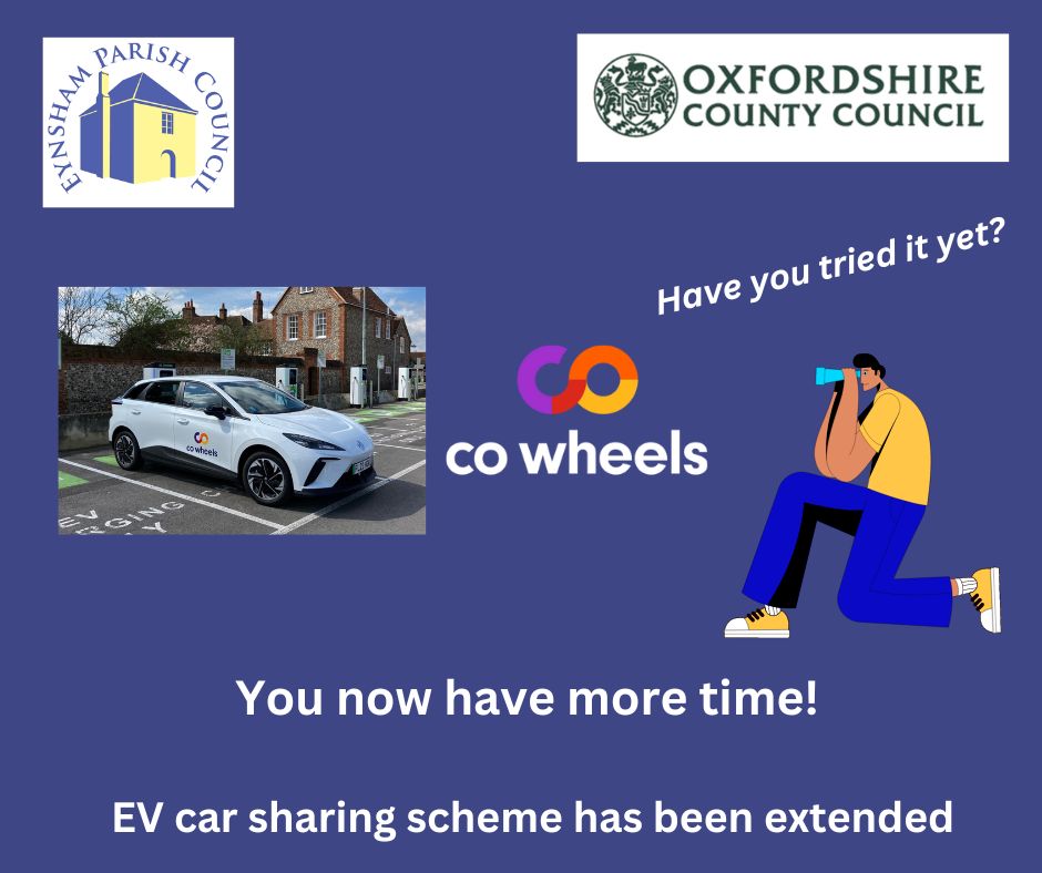 With a month filled with bank holidays and school half term holidays about to begin, consider trying out @Co_Wheels EV for your outings. Read more about the scheme and the special offer for #Eynsham users: eynsham-pc.gov.uk/news.aspx?nid=… @OxfordshireCC