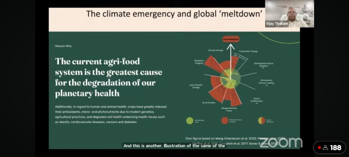 'The current agri-food system is the greatest cause for the degradation of our planetary earth. We have already crossed many planetary boundaries' - @vijaythallam Webinar- The Science of Natural Farming Watch LIVE at: youtube.com/live/RI4-MZiUK… @APZBNF