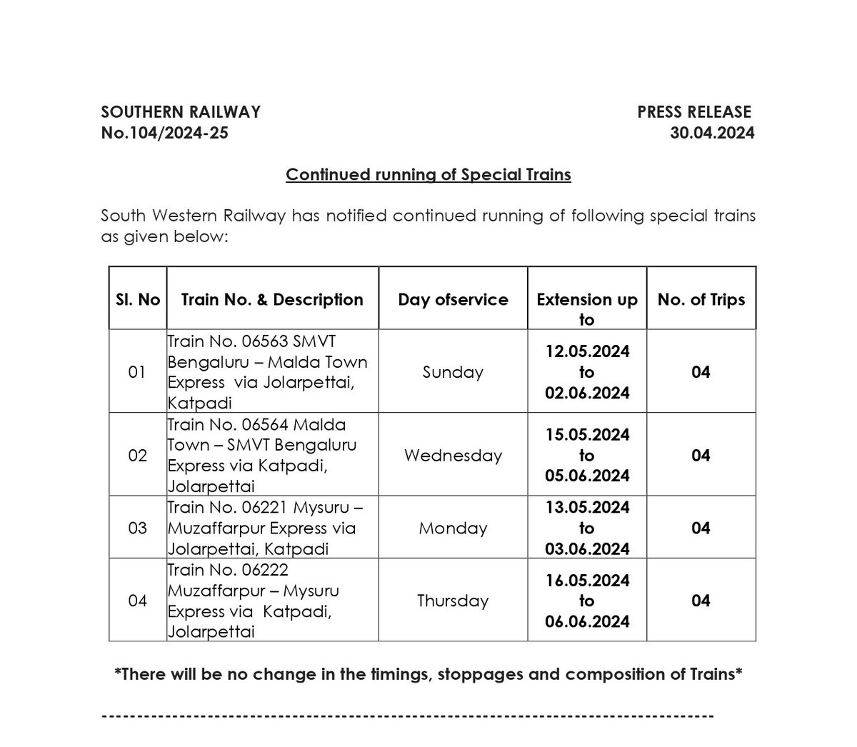 South Western Railway has notified continued running of following special #trains as given below Passengers are requested to take note on this and plan your #travel #SouthernRailway
