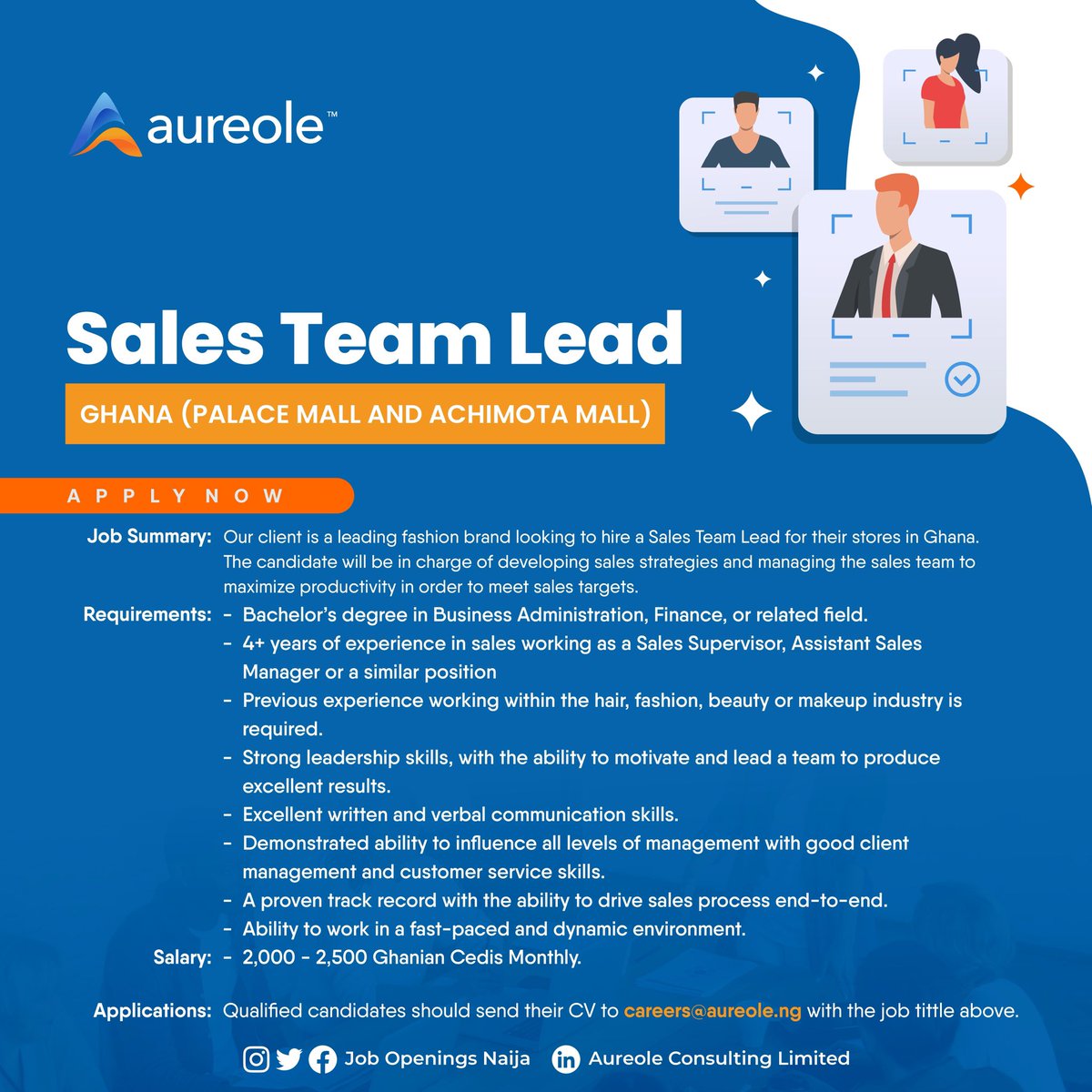 We are hiring,Sales Team Lead Location: Ghana To apply send your cv to careers@aureole.ng using the job title as the subject. #hiring #job #careers #cv #jobopening