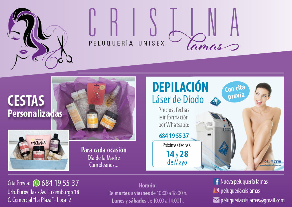 CRISTINA Lamas Peluquería Unisex

Depilación Láser Diodo
Con cita previa días 14 y 28 de Mayo
Citas: 684 195 537

Productos de belleza
Cestas personalizadas

👉publiz.es/home/34-publiz…

#NuevoBaztan #peluquería #Eurovillas #DepilaciónLáser #estética #Belleza #mechas #tinte