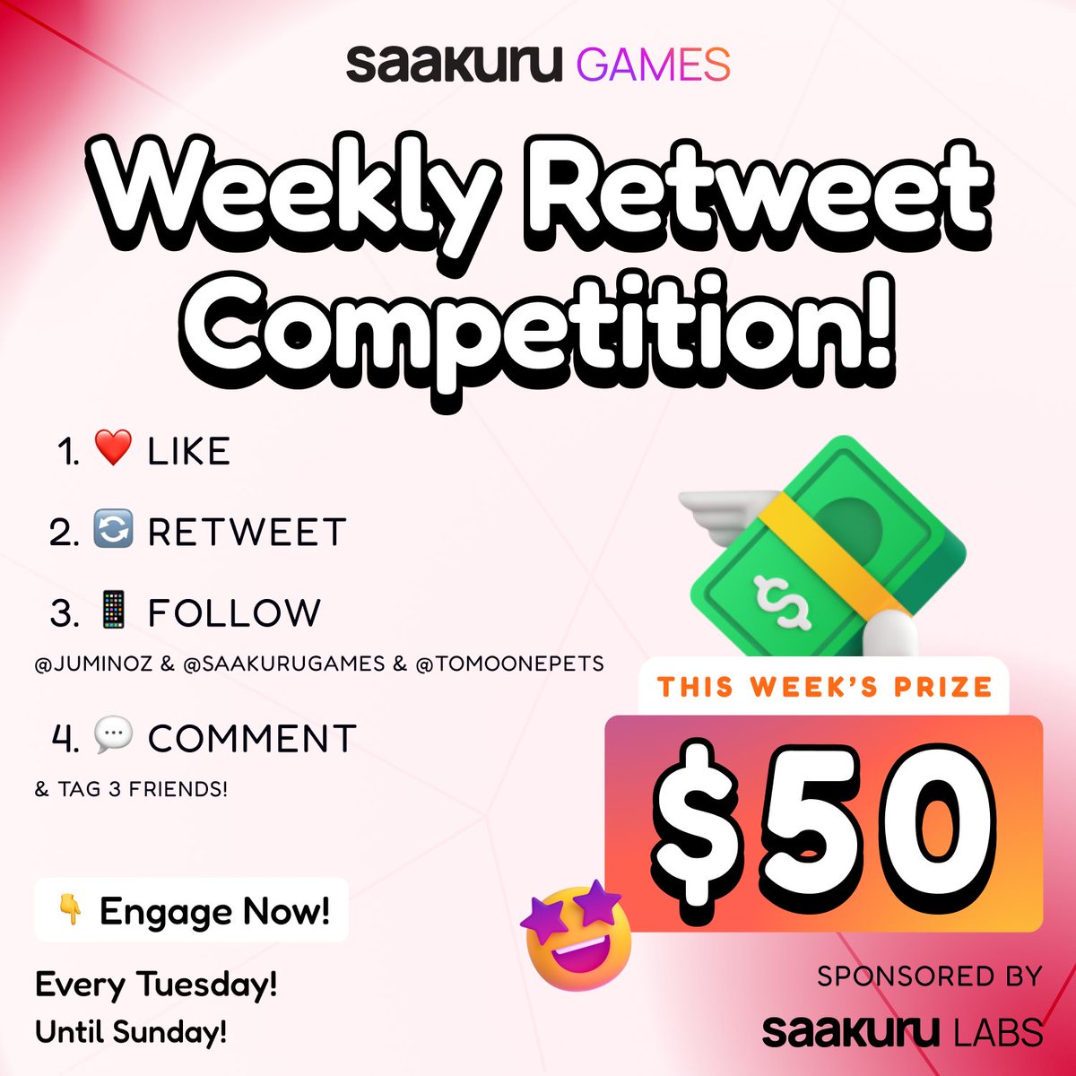 🚀$50 Weekly Retweet COMPETITION🌟
🎁Prize: $50 USDC awaits 5 Winners!💸

To enter:
1. ❤️Like this post
2. 🔄Retweet this post
3. 📱Follow @juminoz @SaakuruGames @TomoOnePets
4. 💬Comment below and tag 3 friends!

📢Winner Announcement: Next Monday!
#SaakuruGames #TomoOne