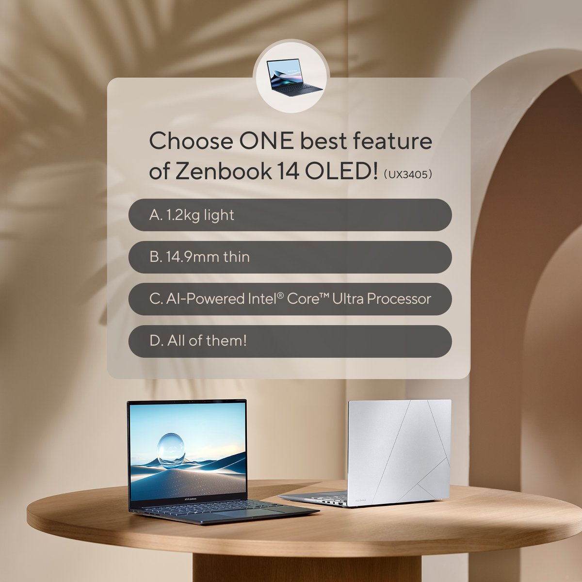 Can you choose just one? Let us know your answer! 👀 #NewZenwithAI #Zenbook 
Learn more: asus.click/ux3405_tw