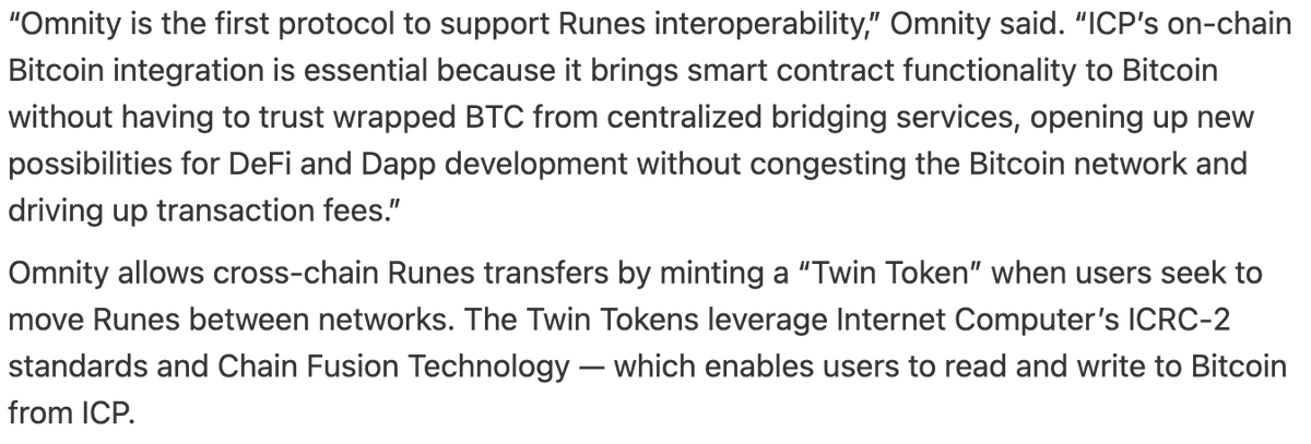 🎉 @OmnityNetwork's latest integration, powered by #ICP's Chain Fusion, allows users to trade #Rune tokens without gas or transaction fees and doesn't clog the #Bitcoin network Full article @DefiantNews thedefiant.io/news/blockchai…