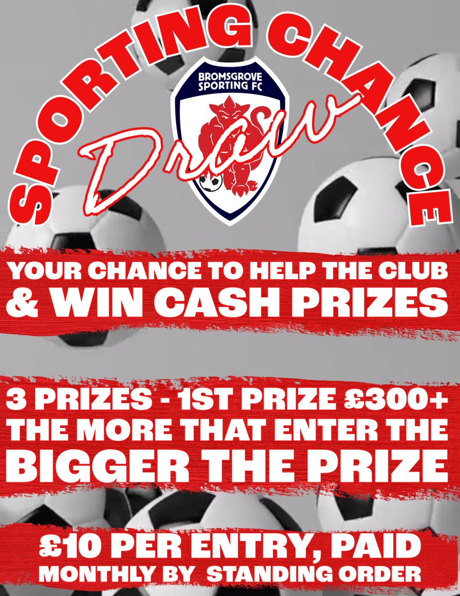 Sporting Chance - why join? ✅️ you'll support Sporting, whilst having the chance to be a winner yourself! 💷 costs just £10 per month, with THREE prizes each month (top prize £300) 🆙️ the more who enter, the better chance of the prizes going up! ➡️ bromsgrovesporting.co.uk/sporting-chanc…