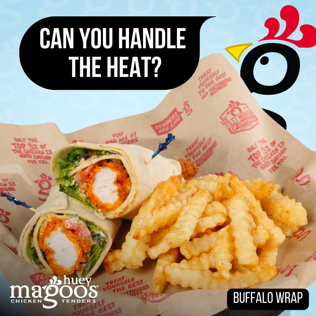 The perfect balance – The Filet Mignon of Chicken® sauced with our buffalo sauce for a little heat, mixed greens, tomatoes, pepper jack cheese and a drizzle of homemade ranch.🔥

#HueyMagoos #ChickenTenders #Tenders #ChickenTenderWrap #BuffaloChicken