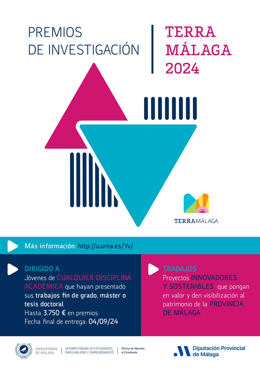 Premios de investigación Terra Málaga 2024 para TFGs, TFMs y tesis doctorales. En este enlace tenéis toda la información: uma.es/oficina-de-ate… @vestudiantesUMA @ConsejoEFFYL @phylosgou