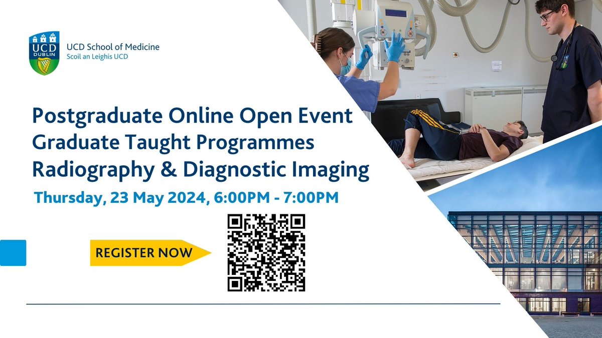 Join us for a Postgraduate Online Open Event on Radiography & Diagnostic Imaging courses on Thurs 23 May 6- 7pm Register via the QR code or bit.ly/RadGT24 Our panel will present on Interventional Imaging, MRI, Radiation Safety, DXA, CT, Medical Imaging & Ultrasound
