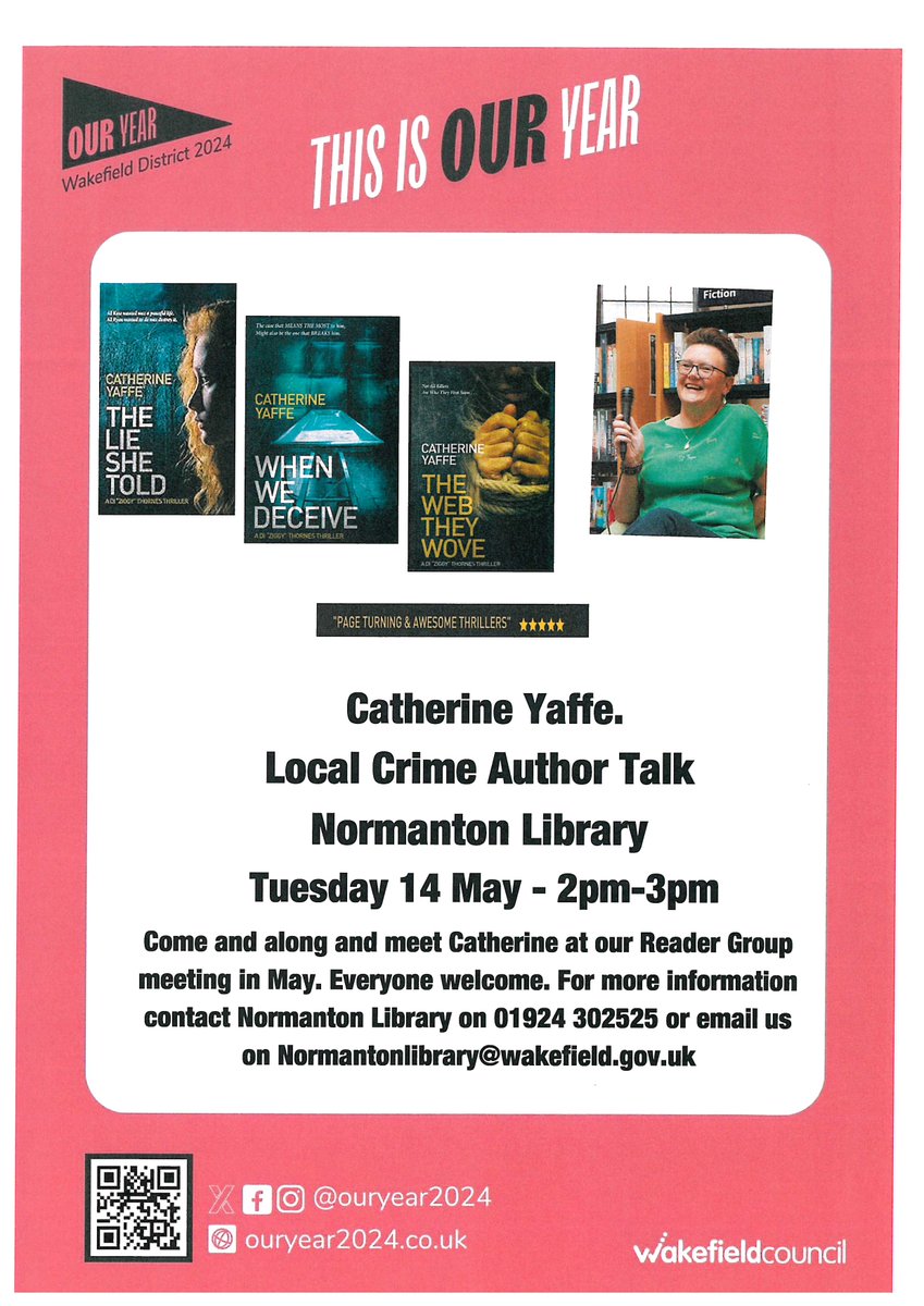 📚Come along and meet local author Catherine Yaffe at #NormantonLibrary!
Free event, no booking required!
📅Tues 14 May ⏰2-3pm 📍Normanton Library

#OurYear2024 #Normanton #thingstodo
@WFmuseums @MyWakefield @expwakefield @OurYear2024