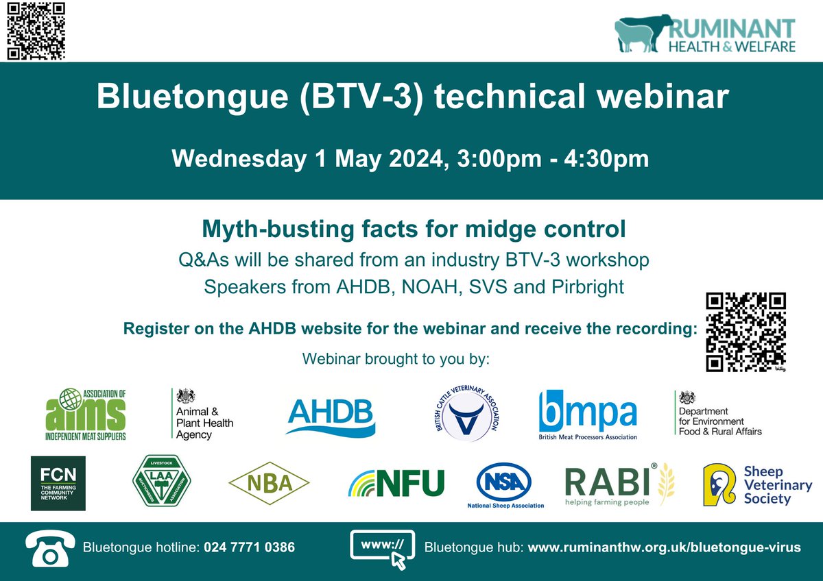 A reminder to register for tomorrow's #Bluetongue technical webinar at 3-4:30pm. 

We will be looking at midge control myth-busting in a Q&A with @SheepVetsoc  @UKNOAH, @TheAHDB & @Pirbright_Inst

Sign up for the webinar or to receive the recording on
bit.ly/3xU5aaw