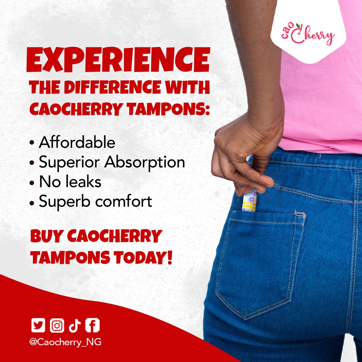 Experience the excellence of our tampons that are designed specifically with women in mind.

- Affordable
- Superior Absorption
- No leaks
- Superb comfort

Buy Caocherry tampons today!

#PeriodSupport #FeminineCare #MenstrualHealth #MenstrualEducation #CAOCherrytampons