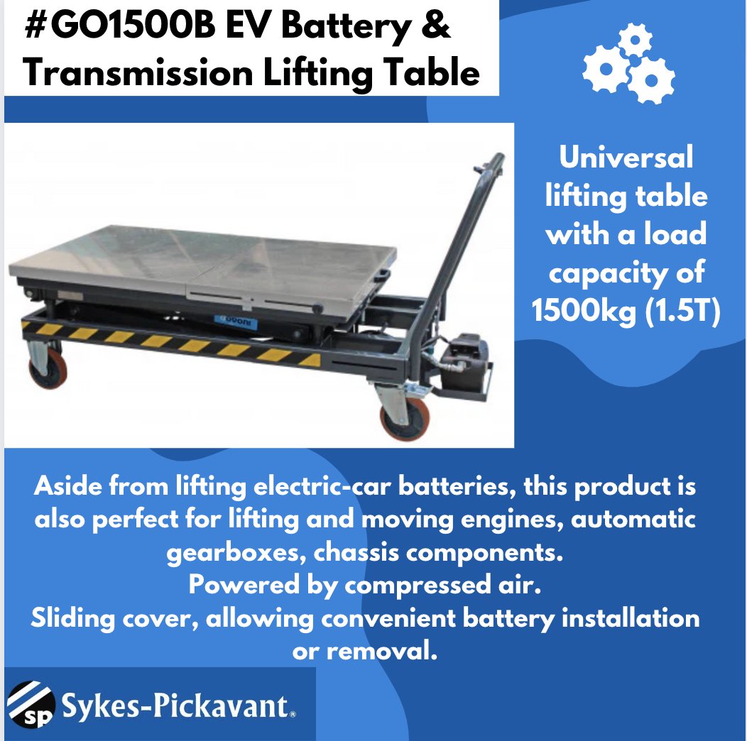 #GO1500B EV Battery & Transmission Lifting Table. Universal lifting table with a load capacity of 1500kg. Perfect product for lifting and moving engines, automatic gearboxes, chassis components. Visit our website today at sykes-pickavant.com