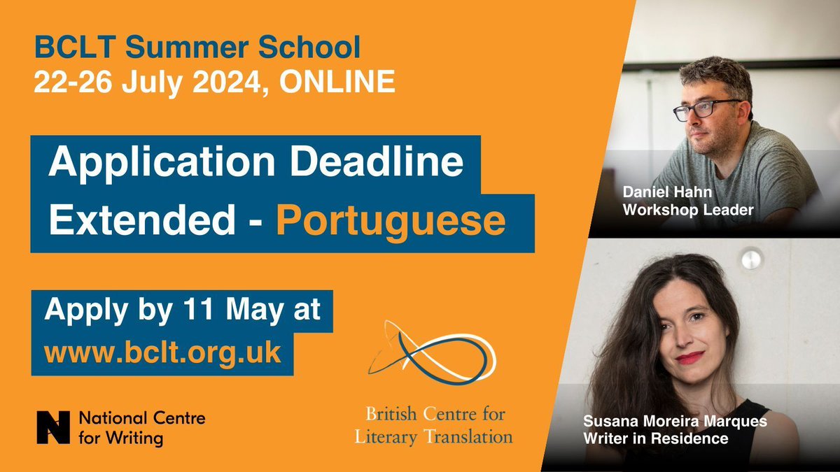 Last chance to apply for the Portuguese workshop strand at the #BCLT2024 Summer School, led by Daniel Hahn with Portuguese author Susana Moreira Marques. Make sure to submit your application by the deadline 11th May. buff.ly/3t6dqPE #LiteraryTranslation #Portuguese