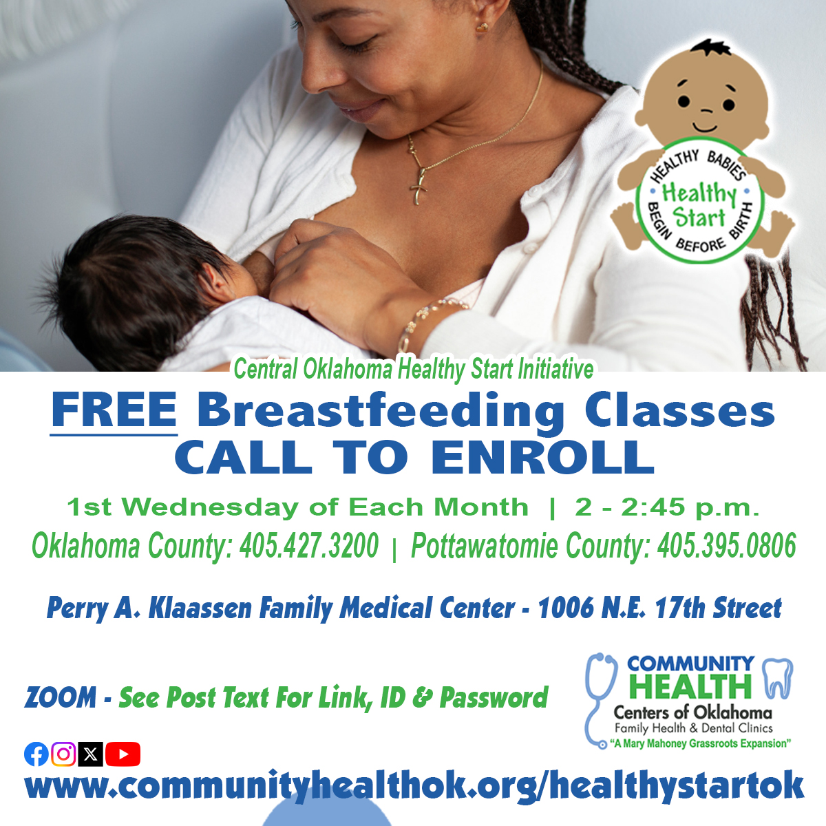 FREE BREASTFEEDING CLASS
First Wed. of each month - 2 - 2:45

IN PERSON: Perry A. Klaassen Family Medical Center 1006 N.E. 17th St. (3rd Floor)

VIA ZOOM: communityhealthok.zoom.us/j/89644352669?…
Meeting ID: 896 4435 2669
Password: 282116

#breastfeeding #healthystart