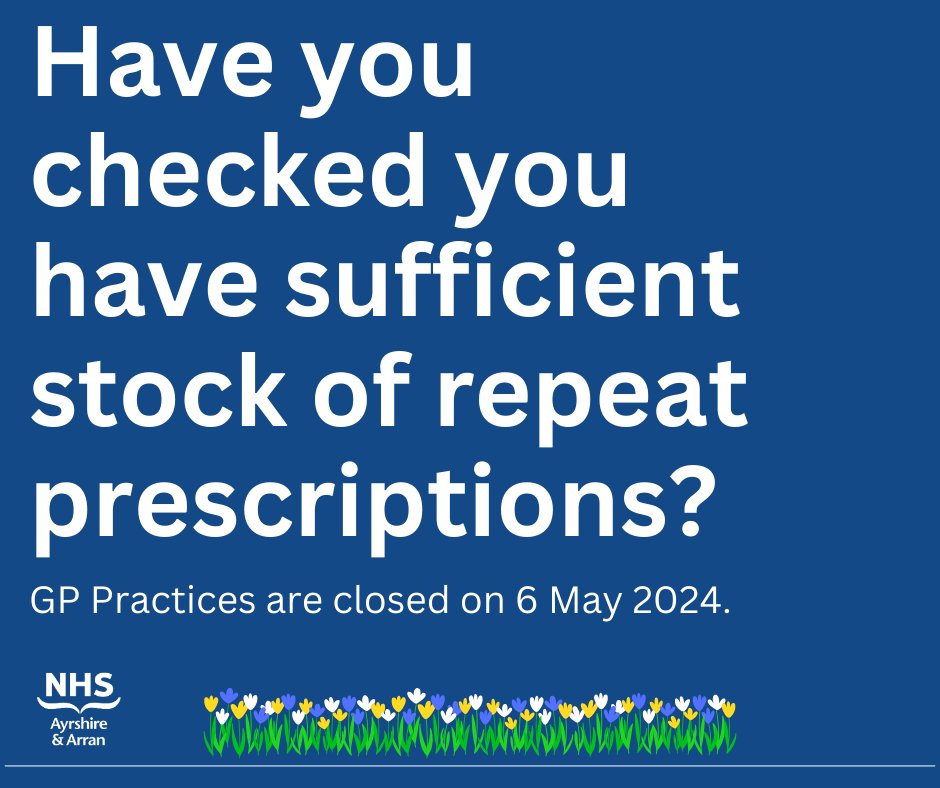 GP's, Dental practices and some pharmacies will be closed on Monday 6th of May 2024. Ensure that you have requested any repeat medication you may need during this time in advance of the closures. nhsaaa.net/services/servi…