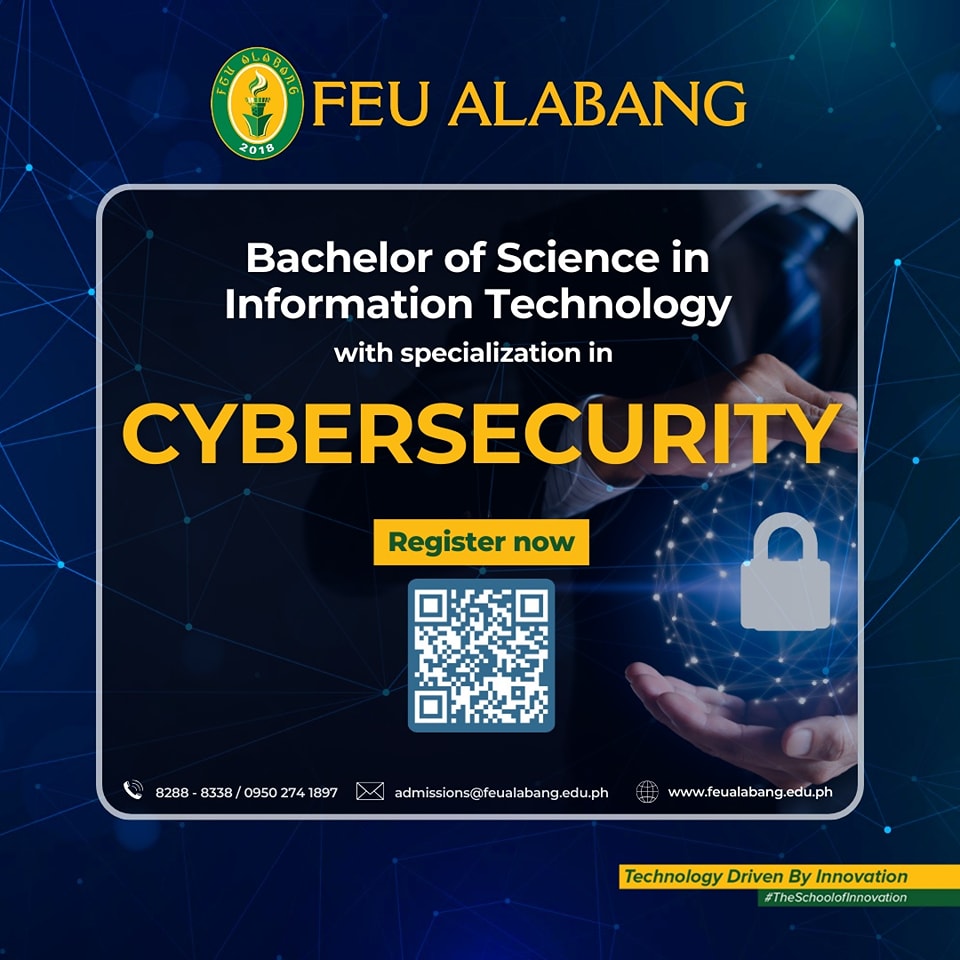 Be part of the pioneer batch of our Bachelor of Science in Information Technology with specialization in Cybersecurity this S.Y. 2024-2025.

𝗥𝗲𝗴𝗶𝘀𝘁𝗲𝗿 𝗻𝗼𝘄 by scanning the QR code below or visiting this link: bit.ly/feuregistration