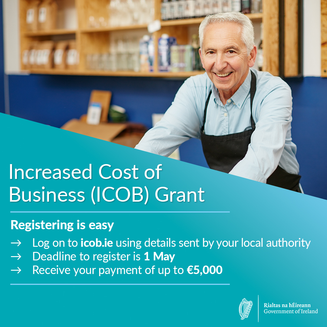 📢 Increased Cost of Business (ICOB) Grant - Increased costs have placed significant pressure on Irish businesses. To help, Government is providing €257 million for the ICOB grant to small & medium businesses who pay commercial rates ✅ Register here: loom.ly/1UUtSPE