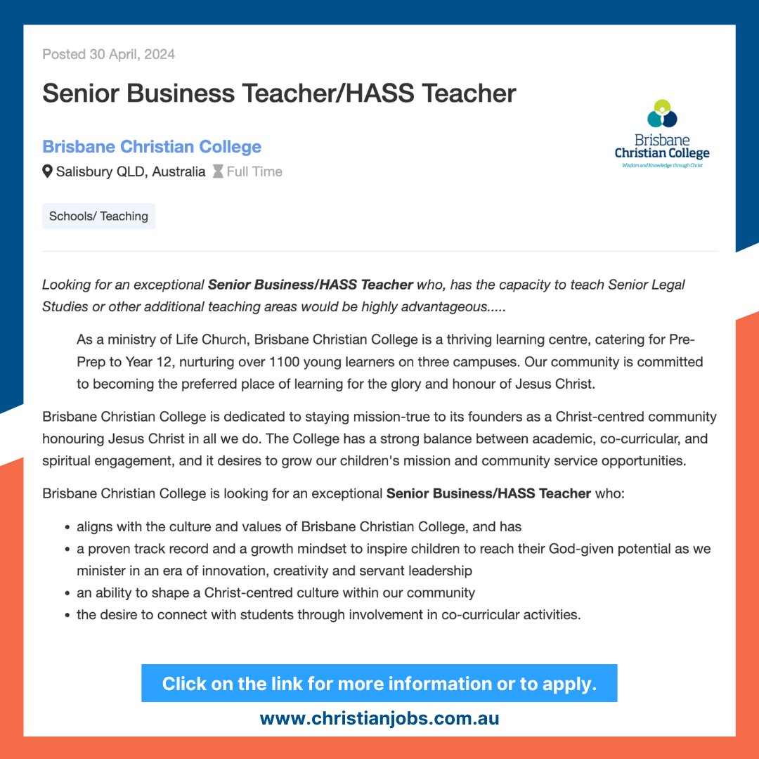 FEATURED JOB
For further information, click here ow.ly/132J50RrvWf

#ChristianjobsAustralia #ChristianJobsAU #ChristianCareers #AussieChristians #ChristiansAustralia #Schooljobs #Teachingjobs #businessteacher #Ministry #Christians