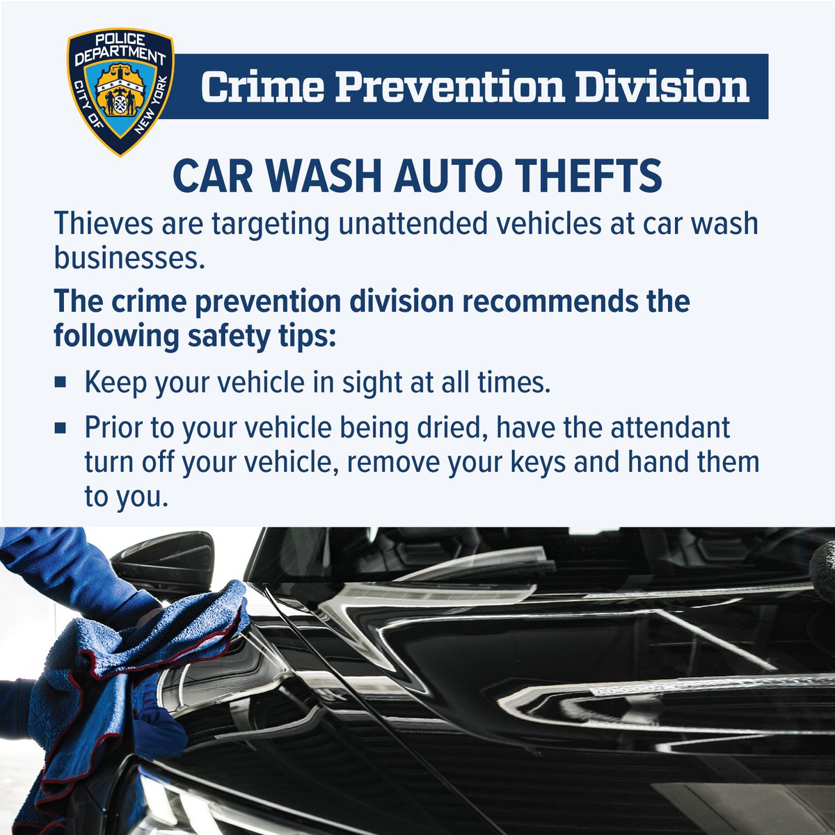 ⚠️Thieves are targeting unattended vehicles at car wash businesses. Follow these tips to avoid becoming a victim: ➡️Keep your vehicles in sight at all times. ➡️Before drying your vehicle, have an attendant turn off the car and hand you the keys.