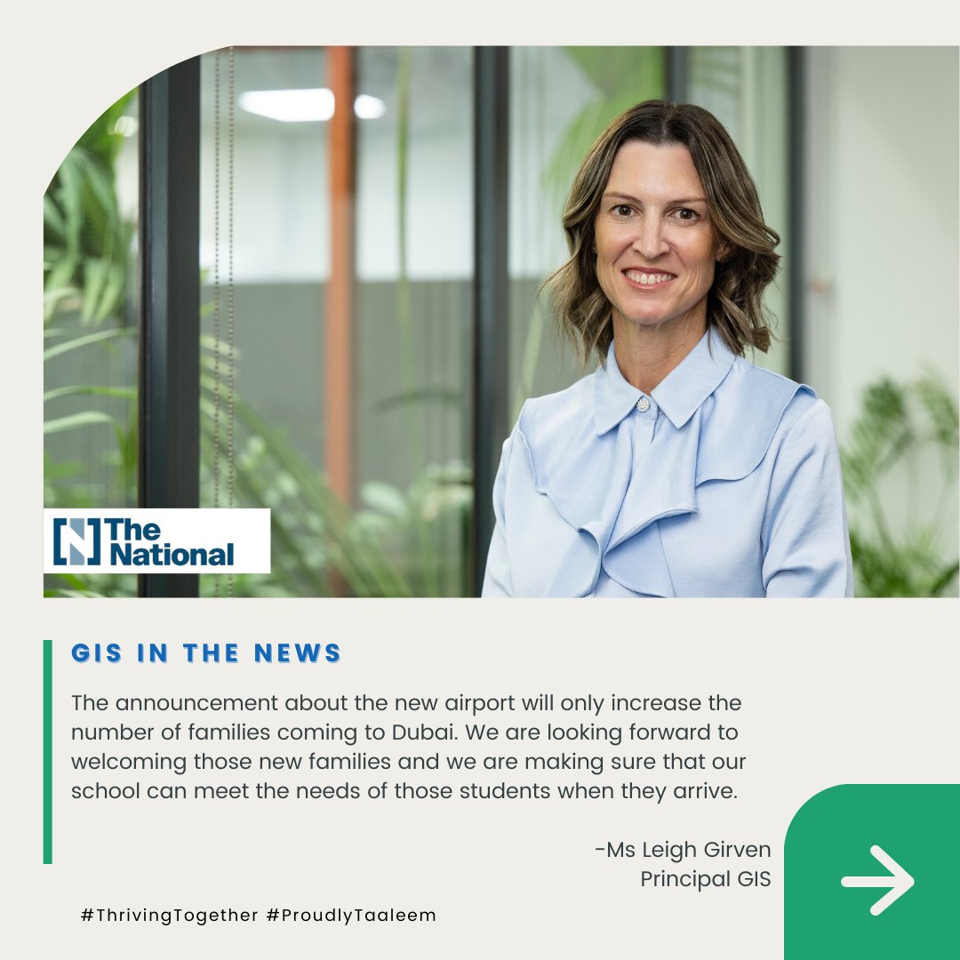 'We are looking forward to welcoming those new families [...] when they arrive,' stated Mrs Leigh Girven, our Principal, to the National commenting on the Al Maktoum International Airport expansion plans news.
ow.ly/YP9150Rsf7s

#ThrivingTogether #ProudlyTaaleem