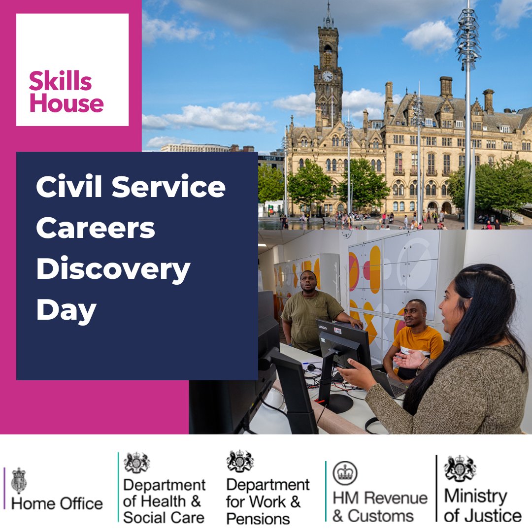 Interested in a career in the civil service? Come along to discover current vacancies, speak to recruiters and attend workshops. 🗓️ Friday 10th May ⏰ 10am - 3.30pm 📍 Bradford City Hall, BD1 1HY To reserve your free place, call 0800 072 0125 or email intoworkbradford@dwp.gov.uk