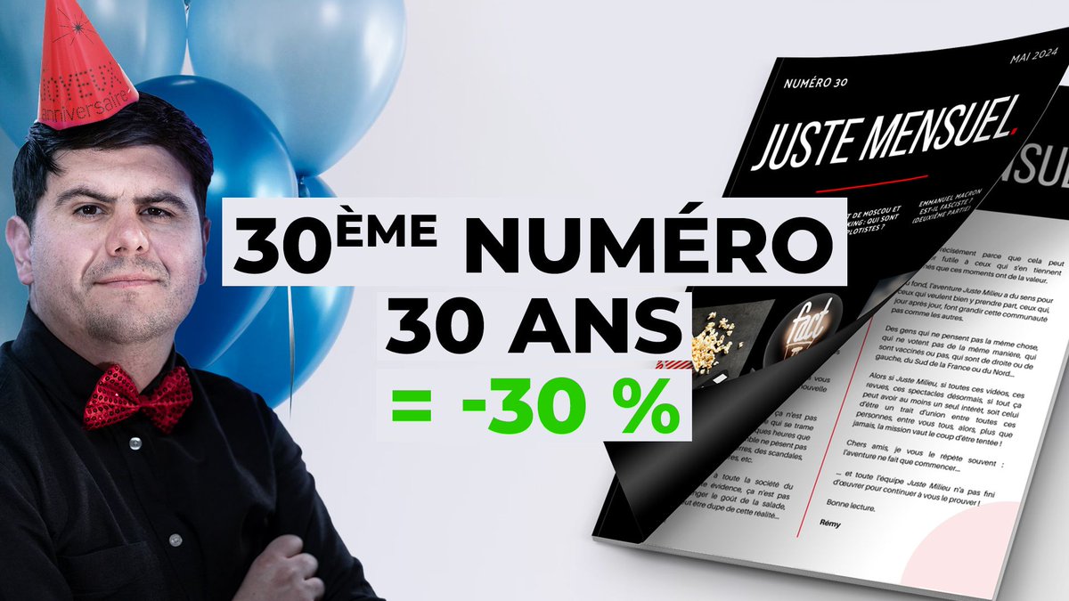 ⚠️ ATTENTION ⚠️ Dernier jour pour en profiter 30ème Juste Mensuel, (bientôt) 30 ans de votre serviteur... 🥳 Et - 30 % sur votre abonnement ! 🤩 abonnement.juste-milieu.fr/juste-mensuel-…