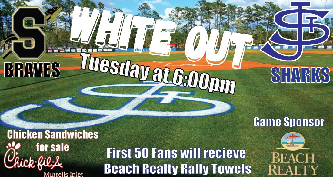 GAME DAY!  Wear white! 

Sharks take on the Braves to start the playoffs 

🆚 Socastee Braves
📍Shark Park
⏰ 6:00pm
⛅️ 77 Degrees
⚾️Uniforms Pinstripes 
🦈 Pitcher Maxwell Albanese 
🎟️ Link in bio 

Game Sponsor Beach Realty 

<a href="/rcentracchio/">robbie centracchio</a> <a href="/St_James_Sharks/">St James Sharks Athletics</a>