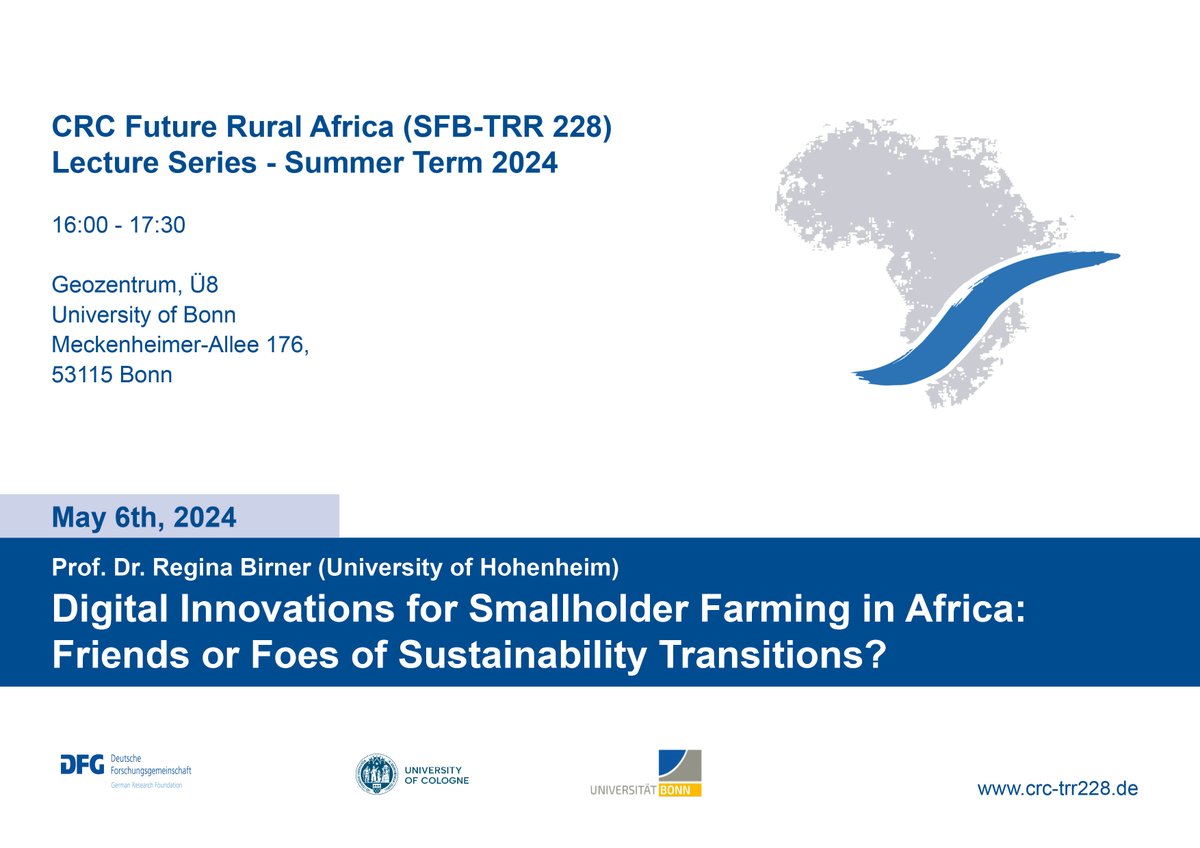 Future Rural Africa Public Lecture: Digital Innovations for Smallholder Farming in Africa: Friends or Foes of Sustainability Transitions? With Regina Birner from @UniHohenheim. More ➡️ crc-trr228.de/crc-trr-public…