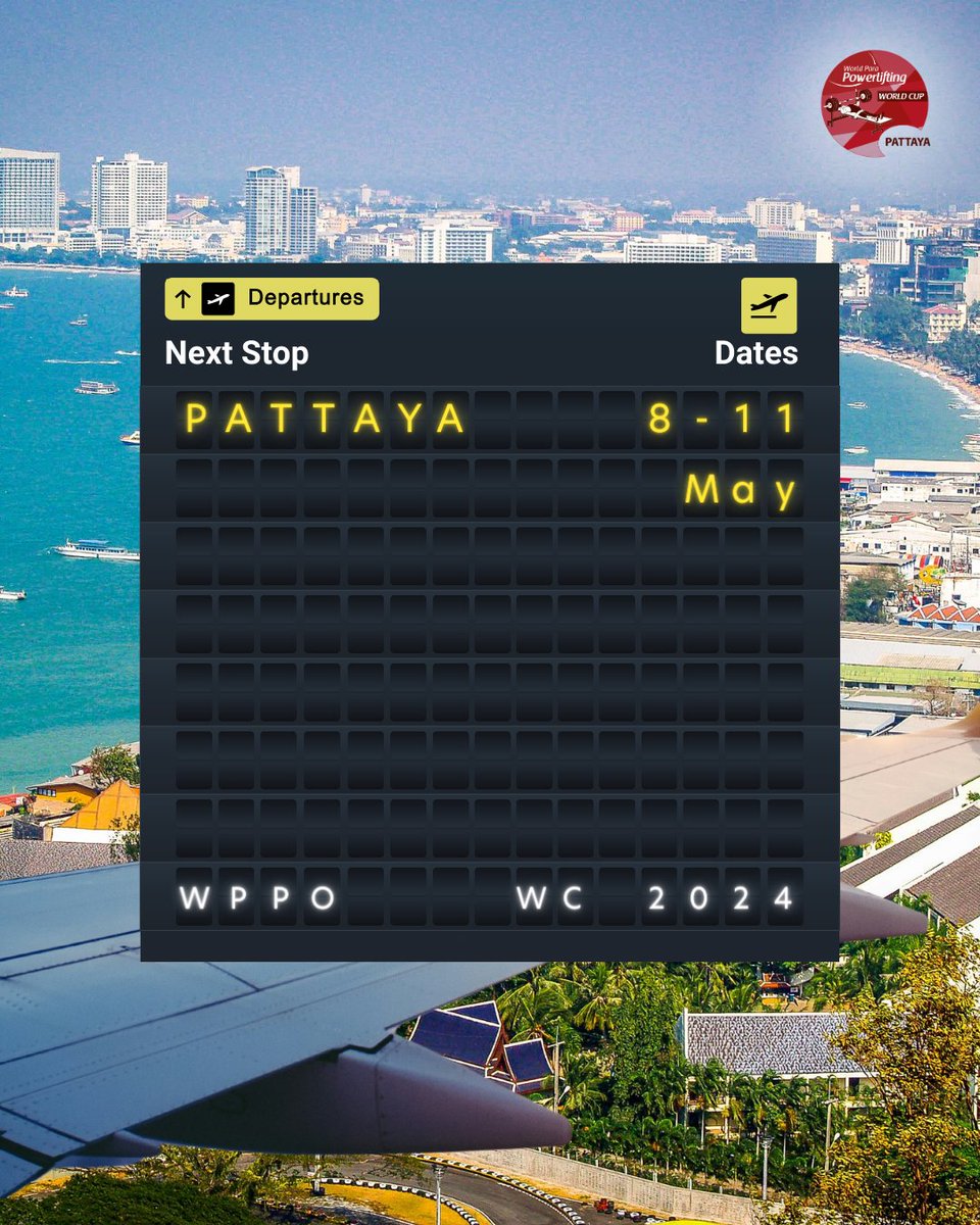Let's board ✈️one more time and head to Thailand 🇹🇭 for the third World Cup of the season. 

📍Pattaya, Thailand 
🗓️8-11 May 

Stay tuned to our channels to follow all the action.

#ParaPowerlifting #Pattaya2024 @paralympics @ParaSport
