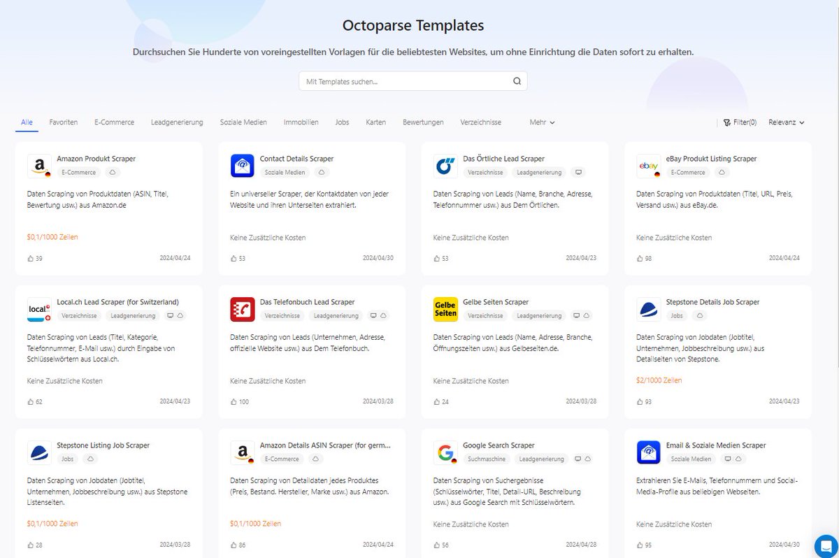 Octoparse Templates ist jetzt webbasiert und ermöglicht Ihnen die Prozessautomatisierung per Mausklick und Effizienzsteigerung! 

👍 octoparse.de/template