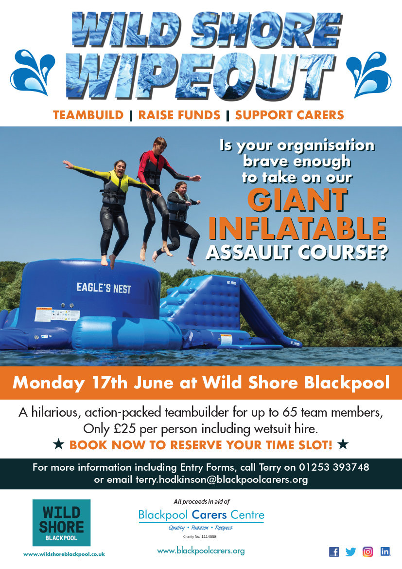 IT'S BACK for 2024! Come & join us on the Wild Shore Wipeout inflatable course & make a splash for #carers celebrating the end of national #CarersWeek! 💦 It's great fun, a fantastic teambuilding opportunity & you're also raising money for a local charity....what's not to like?