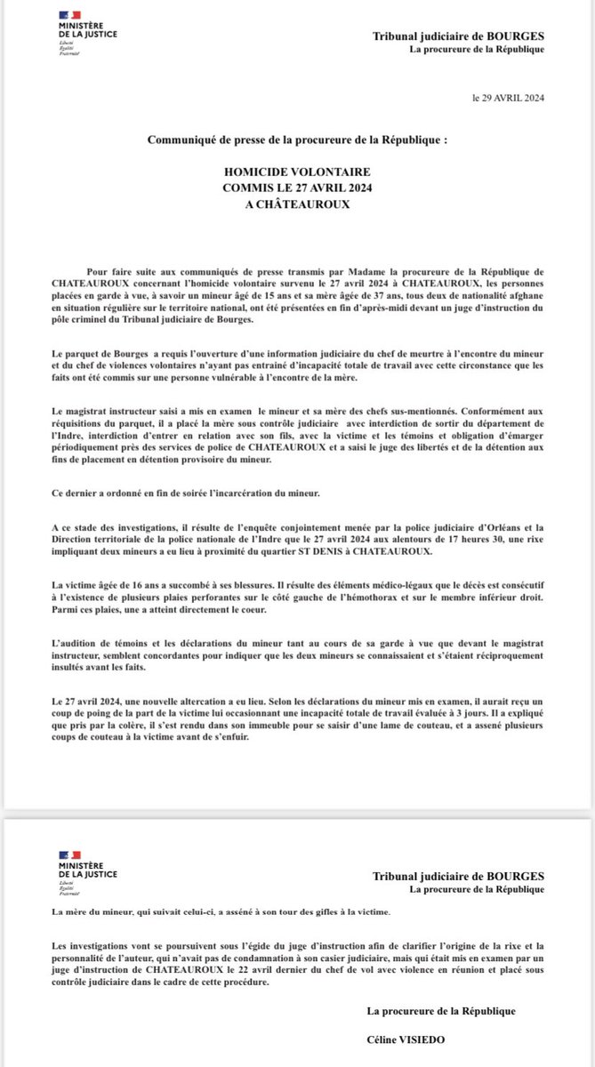 Communiqué de presse du procureur à propos de l'assassinat de #Matisse.
Il ressort que le parasite l'ayant poignardé n'a pas supporté de s'être pris une toise et à délibérément cherché à planter le jeune #Matisse.