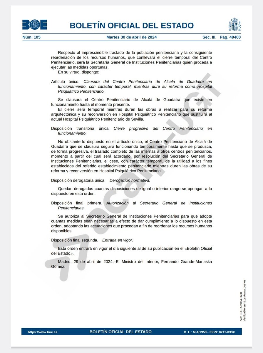 Orden de cierre de Alcalá de Guadaira.

#acaipsindicato
#sosprisiones