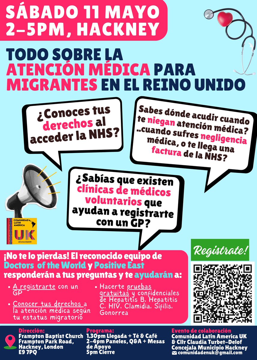 Join us for the Access to Health Care for Latin American & Spanish community event on Saturday 11th May 2-5pm in Hackney @madeinbolivia @PositiveEast
